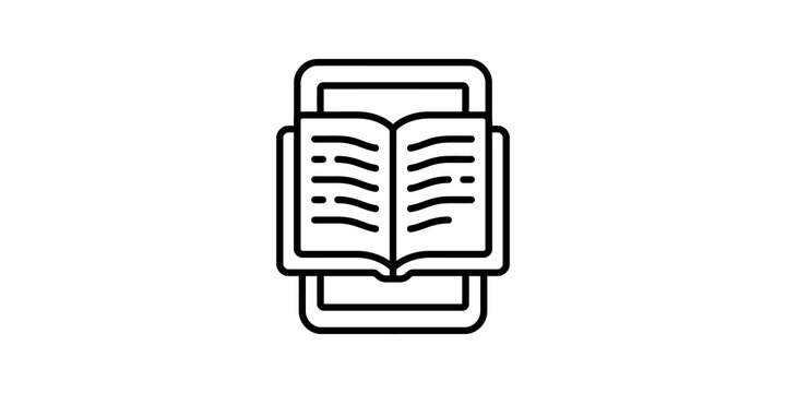 Open book on tablet screen icon for digital library and e-learning.