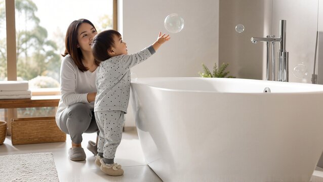 Toddler joyfully reaching for bubbles in modern bathroom setting