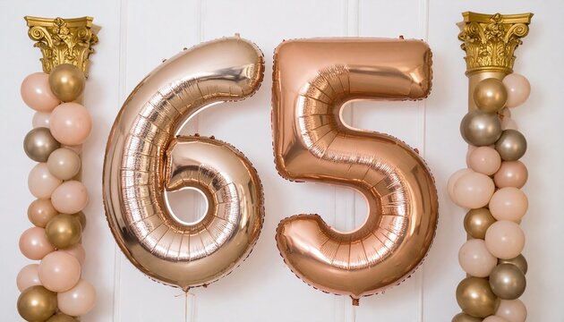 Elegant 65th birthday party backdrop with metallic balloons