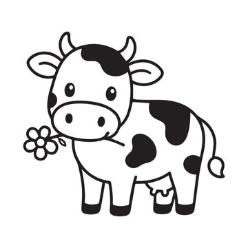 A hand-drawn cute cartoon character of a cow chewing on a flower
