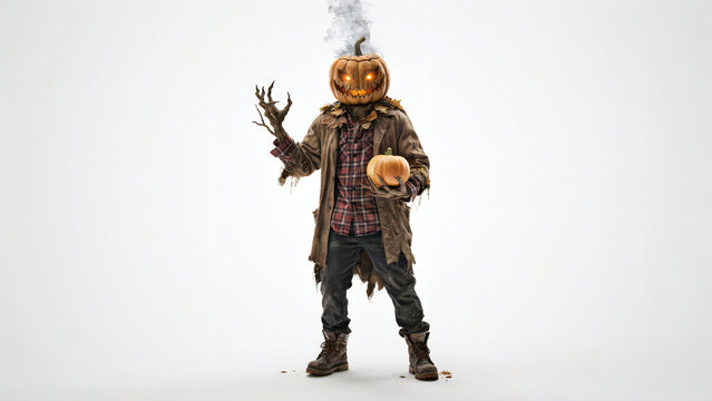 A scary pumpkin headed monster standing in a ragged coat while holding a small pumpkin with wearing tattered clothing