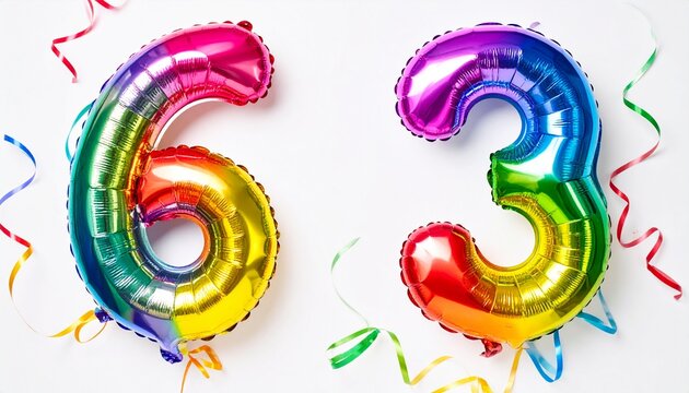 Colorful Number 63 Birthday Foil Balloons with Party Streamers on White
