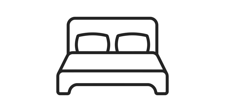 Double bed with pillows and frame black line art simple flat icon.