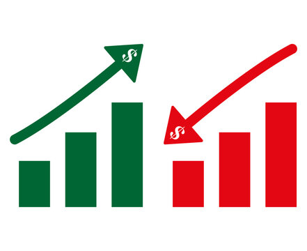 Green arrow up and red arrow down with dollar signs on bar charts representing financial growth and decline isolated on white background