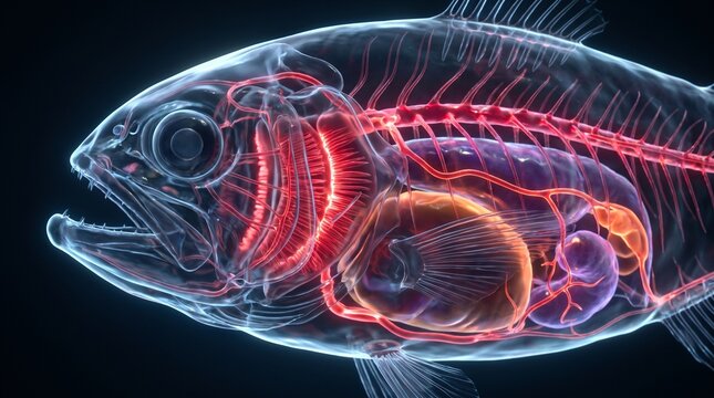 Detailed anatomical X-ray view of a fish showing internal skeleton and glowing red circulatory system
