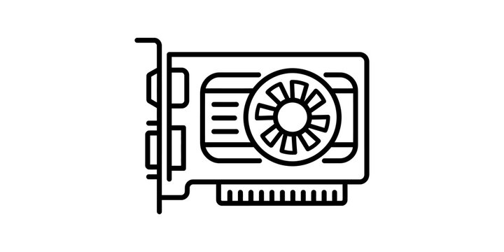 Line icon of computer graphics card gpu hardware component with fan.