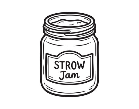 Black and white jar of jam, handdrawn glass jar with label reading strow jam, simple sketch lines and lid detail, vintage kitchen vibe, artisanal preserve concept for packaging mockups and food