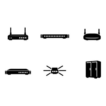 Six clean silhouettes representing essential equipment used for enterprise network administration and connectivity.