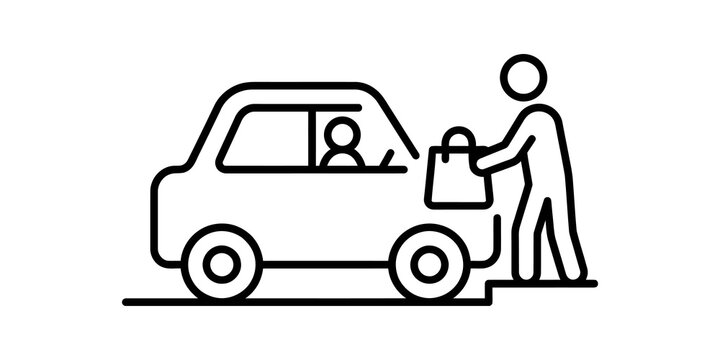 Curbside pickup outline icon showing employee delivering bag to car.