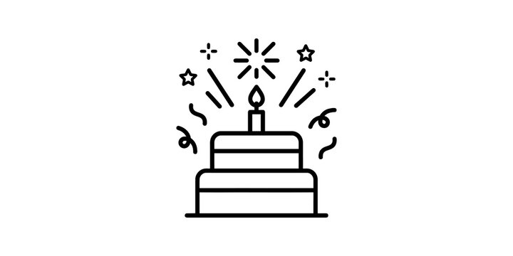 Minimalist birthday cake line icon with candle and celebration stars.