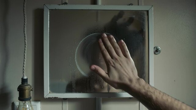 Hand wipes fogged bathroom mirror revealing face of young woman behind steam. Woman looking at reflection through wet glass after shower. Moisture condensation and dramatic mood concept