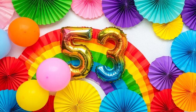 Colorful 53rd birthday party celebration background with rainbow paper fans