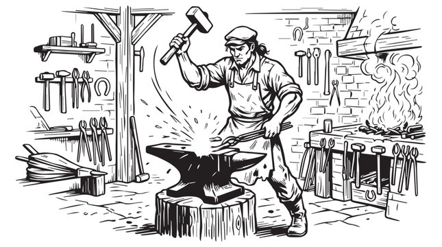 Blacksmith at an active forge hammering heated metal on an anvil in a busy workshop.