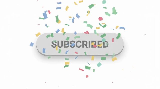 Animated red Subscribe button changes to grey Subscribed upon hand cursor click with confetti effect. Great graphic element for YouTube channels, blogs, and social media content