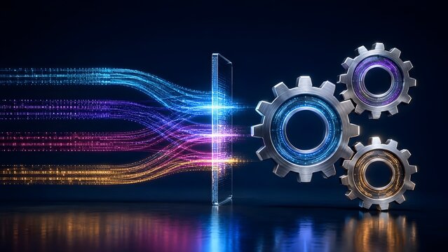 Digital transformation synergy displaying glowing electronic data streams converting into physical mechanical gear rotation and industrial automation