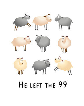 He left 99, Christian t-shirt design. Vector illustration with text from Luke 15:3-7 and sheep for Sunday school preacher or children's clothing