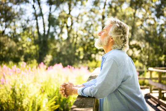 Senior man in the nice forest park