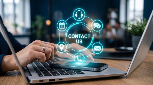 Digital interface displays contact methods via icons around "Contact Us" text, representing communication services, symbolizing business connection.