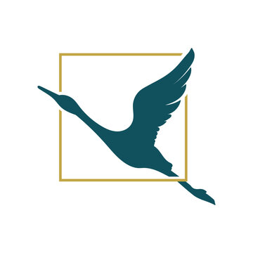 Elegant Flying Crane Bird Square Frame Logo Design Vector