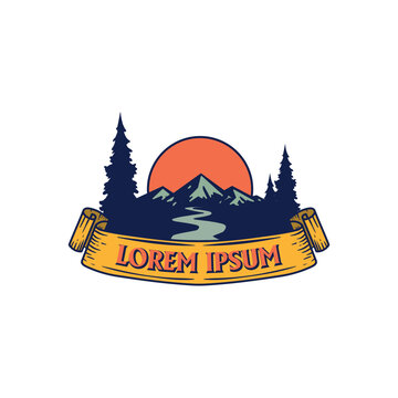 Sunset Mountain Ridge Pine Tree Banner Logo Design Vector