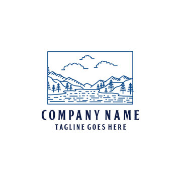 Minimalist Line Art Mountain Lake Scenery Logo Design Vector