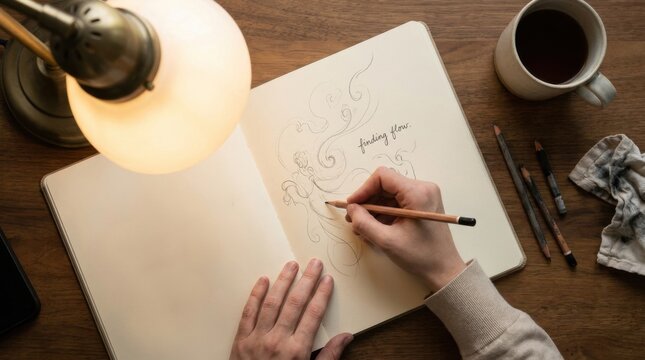 Hands Writing in Open Journal Notebook with Pen under Warm Desk Lamp