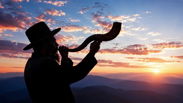 Silhouette of a jewish worshipper sounding the shofar at sunset, yom kippur reflection, high holy days prayer plus repentance copy space