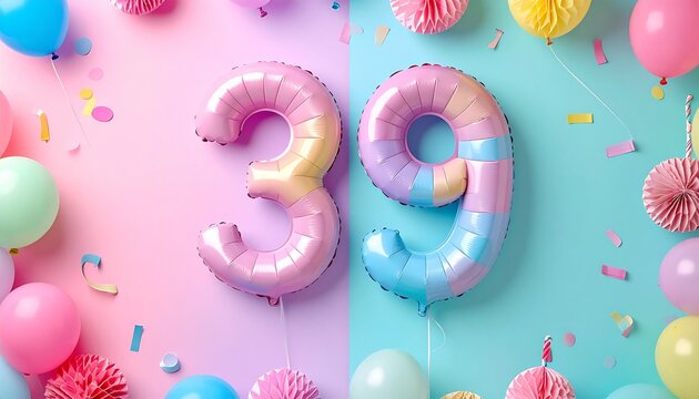 Birthday celebration background with multicolor balloon garlands forming number 39