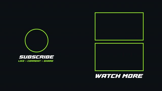 Animate end screen video with text subscribe, comment, share and watch more on alpha channel. Style for sports content.