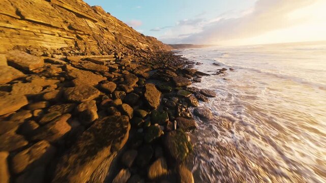 Sunset paints coastal rocks golden. Waves crash against rugged cliffs. Golden light reflects on wet stones. Calm, peaceful, natural beauty. Ideal for travel, nature, or relaxation themes