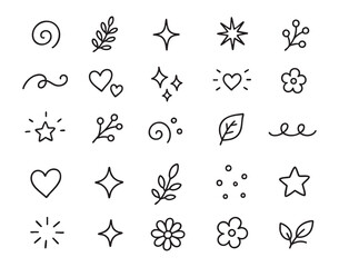 Fototapeta premium Black line doodle icons arranged neatly on white background, simple contours of stars hearts leaves flowers swirls and decorative dots offering clean modern accents for logos mockups pattern creation