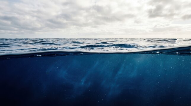 Split view photography of the ocean surface, showcasing the transition from the cloudy sky and calm water above to the deep blue, clear depths below
