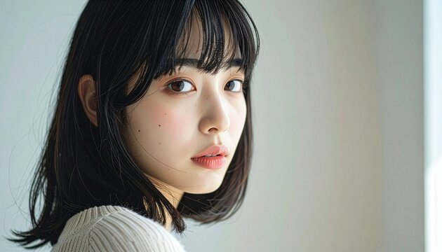 黒髪ショート女性が振り返る瞬間を捉えた美容広告用クローズアップ写真