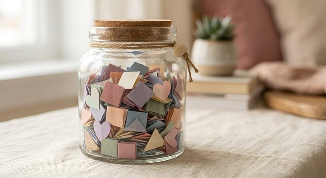 Glass Jar Filled With Colorful Paper Hearts and Notes for Positive Thinking and Daily Gratitude Reflections