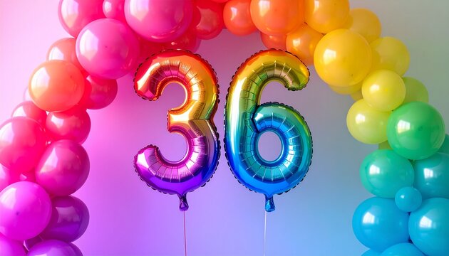 Colorful metallic number thirty six balloons with rainbow balloon arch