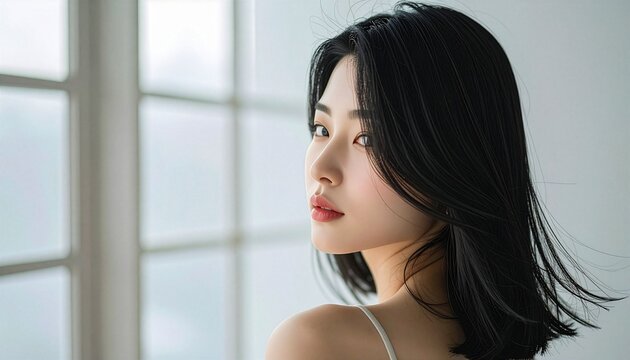 黒髪ショート女性が振り返る瞬間を捉えた美容広告用クローズアップ写真