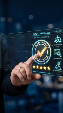 Digital interface showcasing quality assurance, performance metrics, and customer fulfillment with icons and star ratings, representing business success and excellence