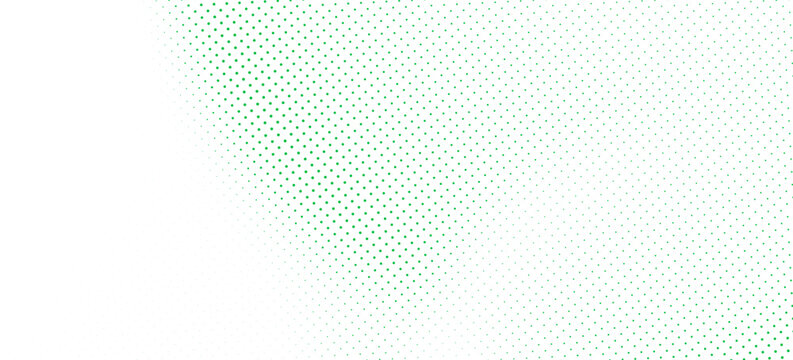 Slash green halftone gradient texture. Fading cartoon polka dot background. Dotted corner gradation pattern. Fading comic pop art overlay backdrop. Vector slant frame halfton patern effect wallpaper