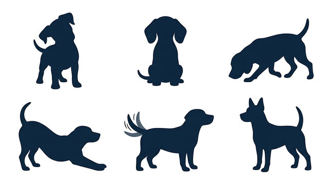 Collection of six cute dog silhouettes and dog face on transparent background isolated on white