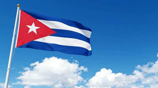 Cuban flag waving proudly against a bright blue sky with fluffy white clouds national symbol of cuba