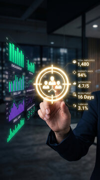 Hand interacting with glowing business analytics display showing employee engagement, retention, skill gap and performance data, symbolizing HR management.