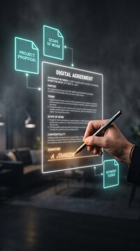 Digital agreement showcased with neon outlines of project proposal, scope of work, and payment terms, symbolizing business deal and contract signing.