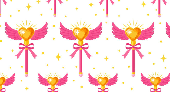 Magical fairy wands with wings seamless pattern.