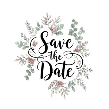 Save the date wedding card design with floral wreath