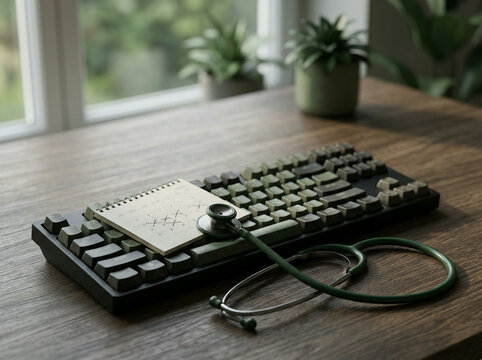 Green keycap keyboard with a stethoscope and notebook on a wooden desk