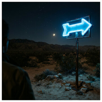 Person facing a large blue arrow sign in a desert under a crescent moon