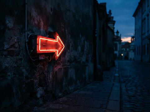 Red neon arrow directing the eye down a narrow cobbled old street at night