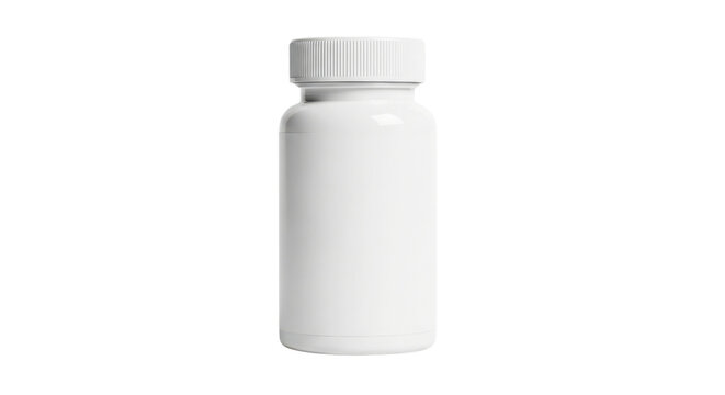 Blank white plastic pill bottle with screw cap on white background