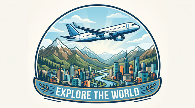 Explore the World badge with airplane and city.