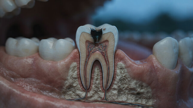 Cutaway tooth showing enamel dentin and root canals inside a human jawbone